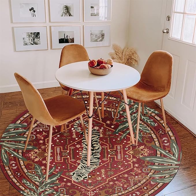 Tribal Rugs Summer Tropical 4ft Round Area Rugs Wine Red Traditional Boho Vintage Oriental Rug for Bedroom Kitchen Dining Living Room Indoor Entryway Washable Hippie Circle Carpet