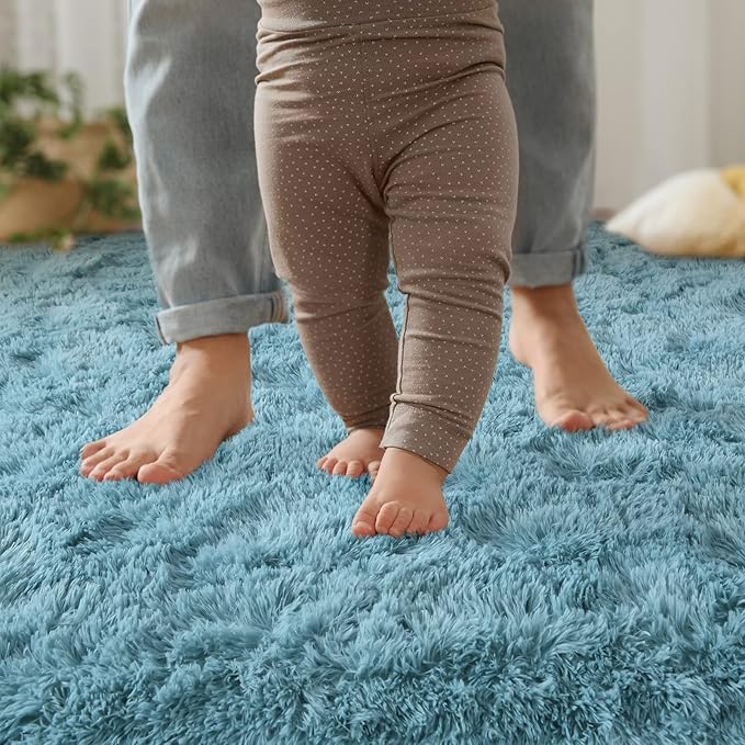 YJ.GWL Area Rugs for Living Room Bedroom, 4x6 Machine Washable Large Teal Carpet, Soft Fluffy Shaggy Thick Big Shag Indoor Floor Rug for Kids Boy and Girls Room Dorm Home Decor Aesthetic