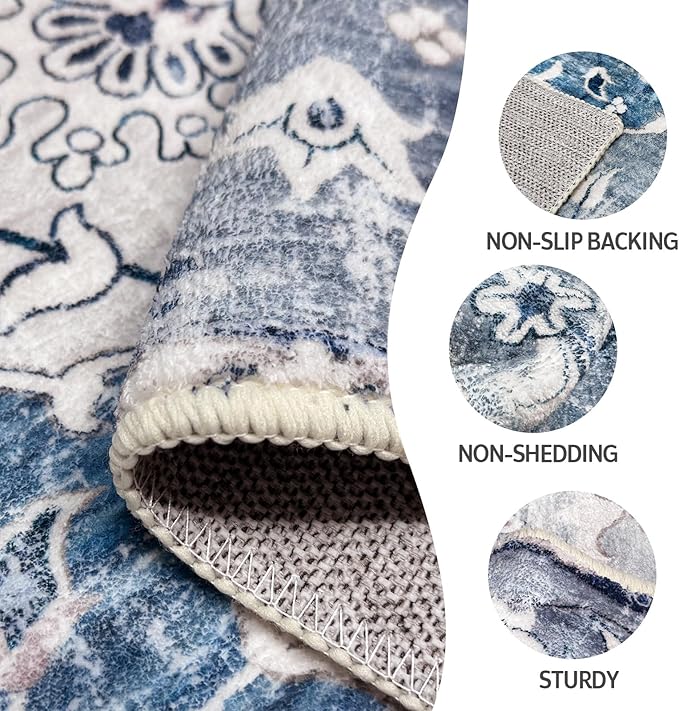 Boho Vintage Area Rugs 2×6 Blue Washable Non-Slip Traditional Rug Runner for Hallway Kitchen Entryway