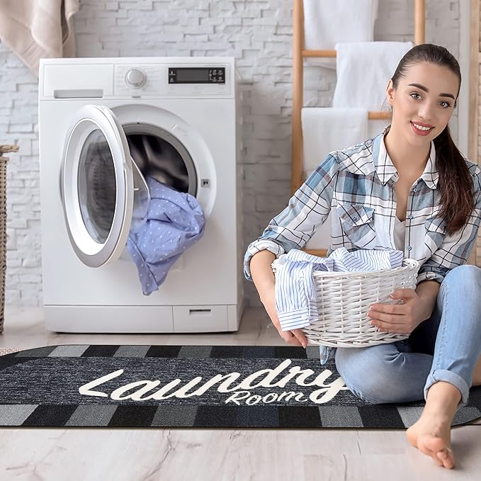 Machine Washable Checkered Border Laundry Room Rug Non-Slip Rubberback 2x5 Laundry Runner Rug for Laundry Room, Bathroom, Washroom, 20" x 59" Oval, Black