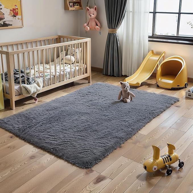 5x8 Grey Fluffy Fuzzy Area Rug for Bedroom, Soft Plush Washable Shag Carpet for Living Room,Gray Comfy Floor Non Slip Furry Shaggy Rugs for Kids Baby Boys Girls Nursery Teens College Dorm