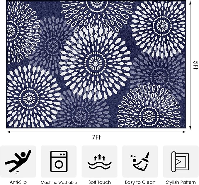LuxStep Area Rug, 5'x7' Entryway Rug, Non-Slip Washable Hallway Runner Rug, Ultra-Thin Foldable Indoor Carpet for Kitchen Bedroom Bathroom, Blue