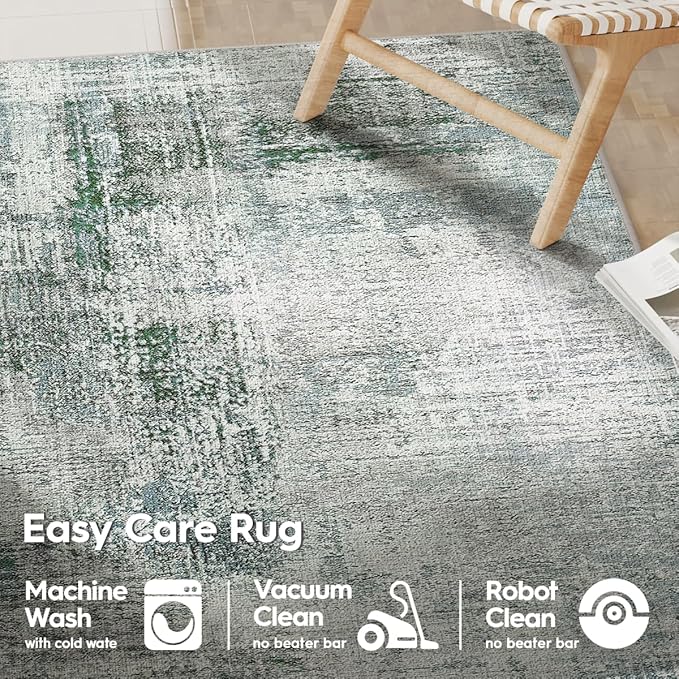 Eleisa Modern Abstract 2x8 Hallway Runner Rug, Green & Ivory, Non-Slip Washable Low Pile Rugs, Vintage Rug Hallway Indoor Carpet for Kitchen, Entryway and Laundry Room