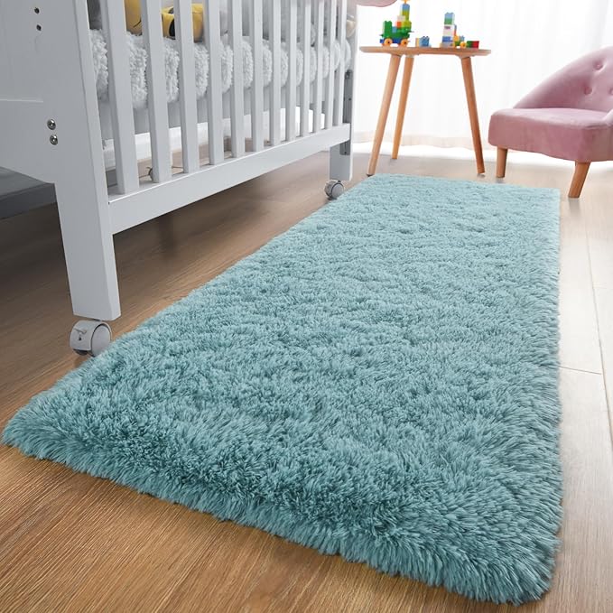 YJ.GWL Fluffy Runner Rugs for Bedroom Living Room Soft Shag Teal Rug 2x6 Feet, Turquoise Green Plush Carpet Non Slip for Nursery Dorm, Fuzzy Bedside Rug for Kids Boys Girls Room Home Decor