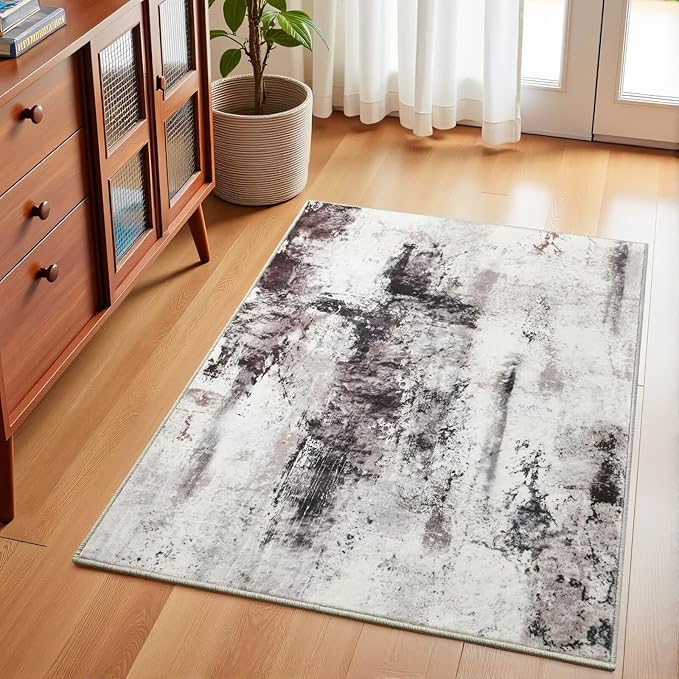 Washable Abstract Rug, 2x3 Small Modern Area Rugs with Non-Slip Rubber Backed for Kitchen, Thin but Soft Throw Carpet Bedroom Entryway Front Door Decor, Black Brown