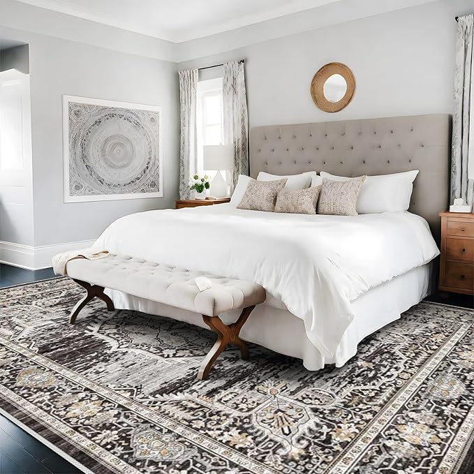 Washable Rugs 9x12 Area Rug：Large Rugs for Living Room - Oriential Distressed Printed Floral Carpet - Non Slip with Rubber Backing Area Rug 9'x12' Black