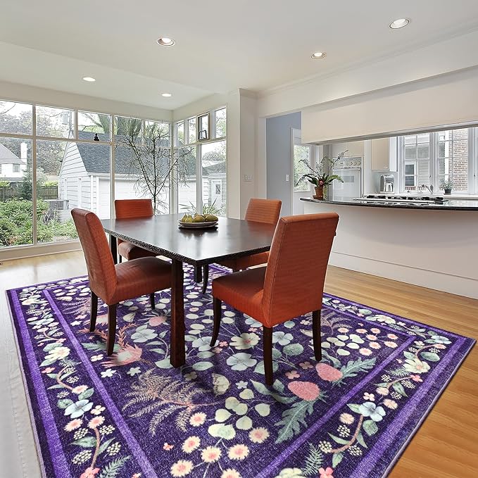 Area Rugs for Living Room, 6x9 Washable Non-Slip Rug for Bedroom, Vintage Floral Carpet for Home Office Nursery Dining Room Kitchen, Purple