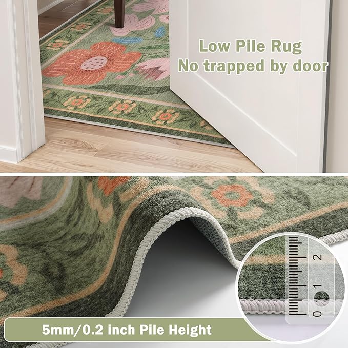 Beeiva Floral 5x7 Green Area Rugs, Machine Washable Living Room Area Rugs Non Slip Non-Shedding, Ultra Thin Carpet for Living Room Dorm Playroom (Green,5'x7')