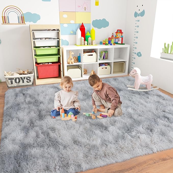 Large Area Rugs 9x12 Living Room, Tie-Dyed Plush Thick Carpets for Boy and Girls Room, Modern Soft Shag Rug for Bedroom, Non Slip, Indoor Carpet for Nursery Dorms Home Decor Aesthetic, Grey