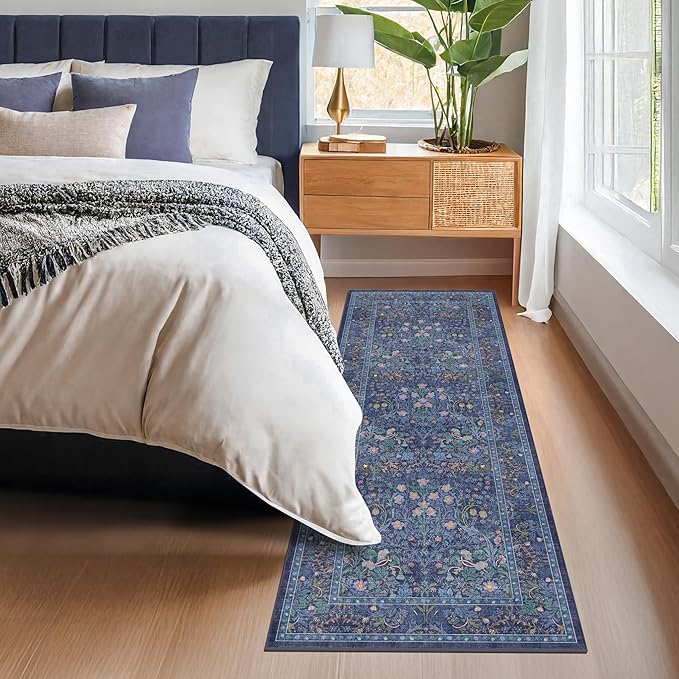 Non Slip 2x6 Dark Blue Bathroom Runner Rug - Long Runner Rugs 24 x 72 Washable Kitchen Floor Mat, Laundry Room Rug, Hallway Runner - Vintage Floral Design Décor