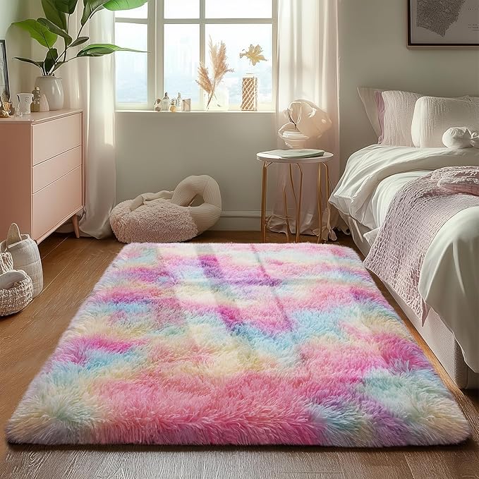 Zentavio Unicorn Rugs for Girls Room 3x5 Area Rugs for Living Room Small Carpet for Bedroom Washable Soft Fluffy Shag Aesthetic Plush High Pile Throw Rug for Nursery Kids Room Dorm Room Rainbow