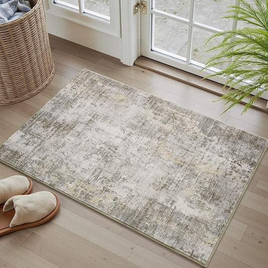 2 x 3 Small Area Rug Indoor Entryway Rug Machine Washable Non Slip Low Pile Carpet Modern Abstract Rugs for Bedroom Kitchen Powder Room Front Porch Bathroom, Beige