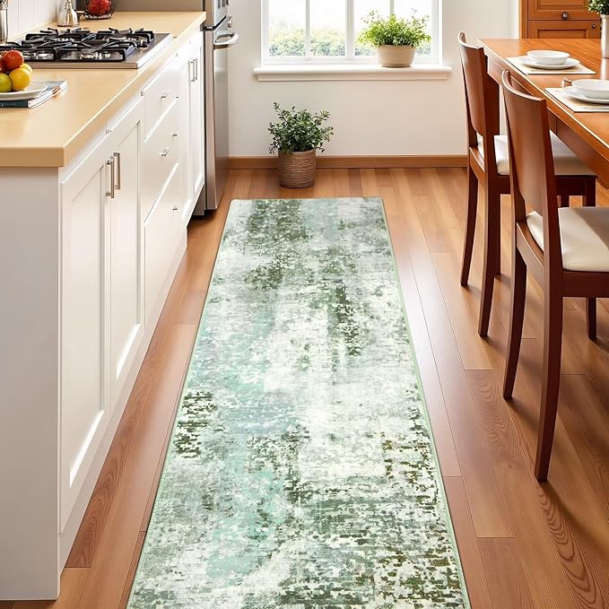 Washable Abstract Runner Rug, 2x6 Modern Area Rugs with Non-Slip Rubber Backed for Kitchen, Thin but Soft Contemporary Carpet Bedroom Entryway Hallway Decor, Green