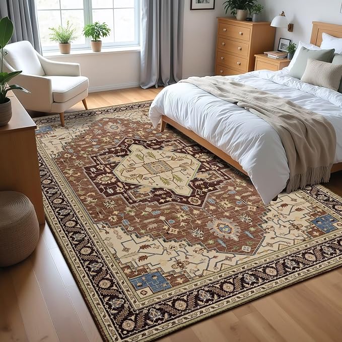 4x6 Mousse Brown Area Rug for Living Room, Machine Washable Rugs with Non-Slip Backing for Bedroom, Vintage Medallion Carpet Kitchen Laundry Kids Room Decor