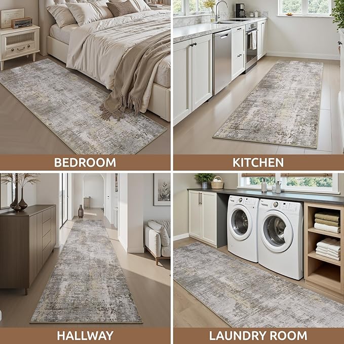 AMOAMI 2 x 10 Hallway Runner Rug Non Slip Super Soft Long Runner Rugs Machine Washable Low Pile Modern Abstract Runners for Hallways for Bedroom Laundry Room Kitchen, Beige