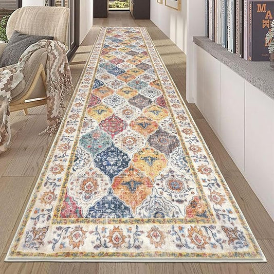 HEBE Hallway Runner Rug 2'8''x12' Washable Vintage Distressed Area Rugs Non Slip Laundry Rug Runner Boho Floor Carpet Runners for Hallways Entryway Laundry Room Kitchen Bathroom
