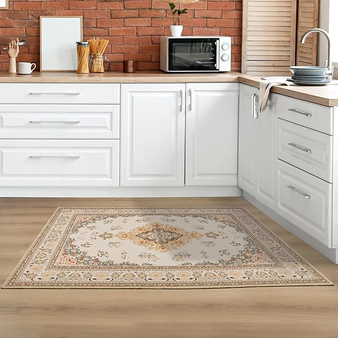 Tepook 2x3 Vintage Washable Rug - Non-Slip Low-Pile Door Mat for Entryway, Kitchen, Bedroom, Bathroom, Foyer - Indoor Throw Rug in Beige