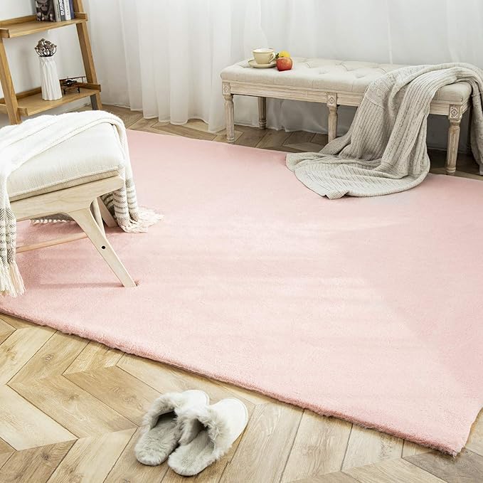 Ashler Faux Fur Rug, Ultra Soft Faux Rabbit Fur, Pink Area Rugs, 6 x 9 Feet Rectangle, Machine Washable Nursery Decor Throw Rugs for Bedroom, Kids Room, Living Room