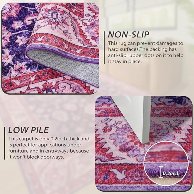 Area Rugs for Living Room, 4x6 Washable Rugs for Bedroom, Non-Slip Retro Floral Carpet for Entryway Office Kitchen Dining Room, Blue and Purple