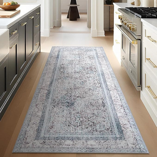 Phantoscope Hallway Runner Rug 2'x8' - Boho Washable Non-Slip Kitchen Rug Runner, Ultra-Thin Vintage Distressed Accent Throw Rug for Entryway Laundry Bathroom Bedroom, Blue/Grey