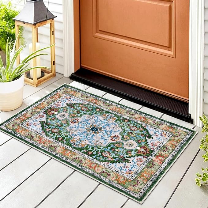 U'Artlines Washable Boho Area Rug, 2x3 Small Soft Non Slip Vintage Doormat for Indoor Front Door Green Mat Carpet for Entryway Kitchen Bathroom Bedroom