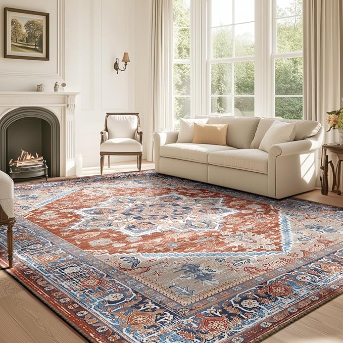 BESTSWEETIE 9x12 Area Rugs for Living Room Washable Non Slip Carpet Low Pile Soft Vintage Print Pattern Rug for Bedroom Dining Room Kitchen Entryway Indoor-Brick/Blue/Light Ivory
