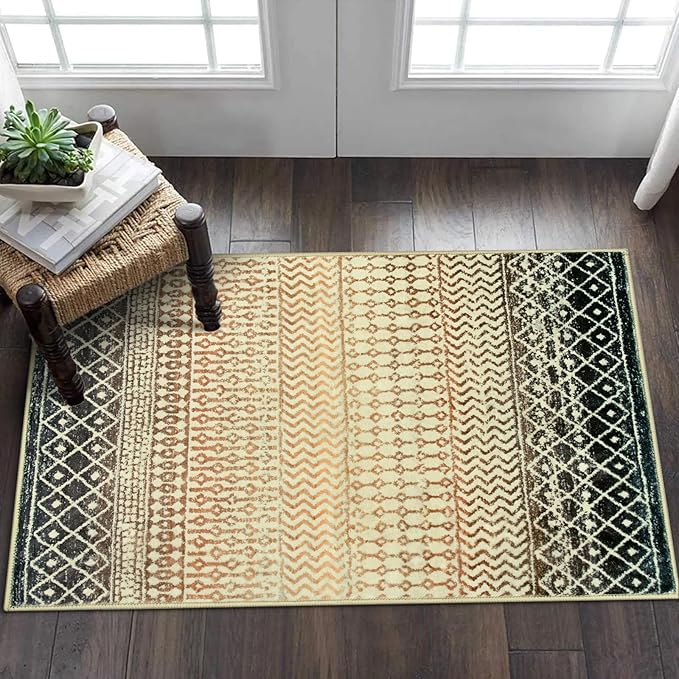 Washable Indoor Doormat, Brown Retro Non-Slip Bedroom Rug, Soft Low-Pile Distressed Boho Rug Floor Carpets for Entrance Bedside Kitchen Bathroom