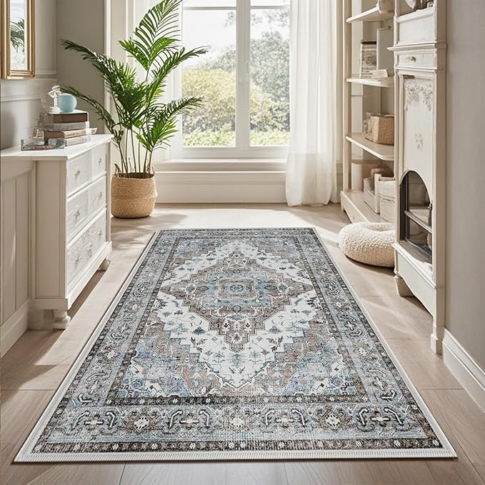 Washable Rug 3x5 Non-Slip Vintage Retro Rugs Low Pile Lightweight Print Carpet Indoor Entryway Door Mat Throw Rug for Living Room, Bedroom, Dining Room (Beige & Taupe)