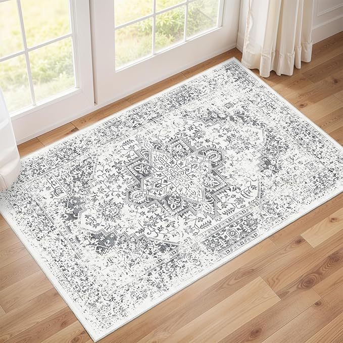 Washable 2x3 Entryway mat - Small Indoor Area Rug for Entrance with Vintage Non-Slip Low-Pile Traditional Medallion Indoor Rug with Stain Resistant Accent Distressed Carpet Thin Rug (Grey)
