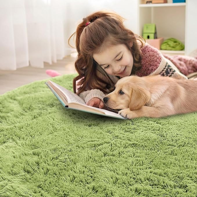 OLANLY Grass Green Round Rugs for Bedroom - Machine Washable, 7x7 Feet Circle Area Rugs for Living Room, Soft Fluffy Shaggy Carpet for Teen Girls and Boys, Dorms, Nursery Rooms, Home Decor Aesthetic