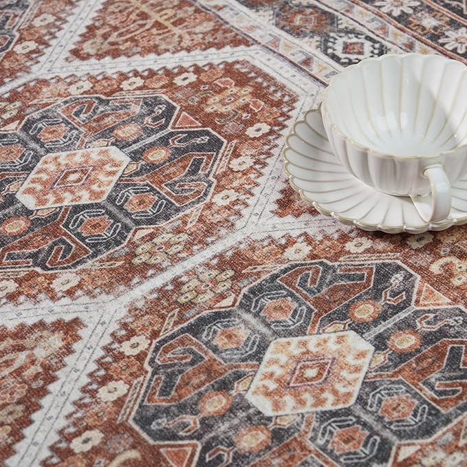 2x6 Runner Rug Kitchen Washable: Oriental Indoor Hallway Runners with Non Slip Backing Floor Mat for Entryway Door Low Pile Thin Carpet for Bedroom Bathroom Living Room Bedside Brick