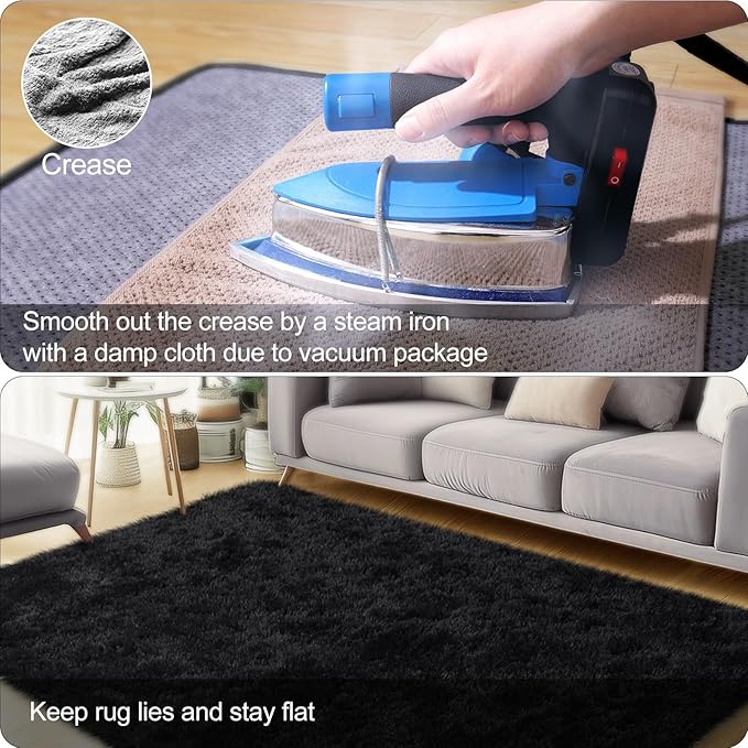 Black Area Rugs for Bedroom, 3x5 Fluffy Soft Shag Rugs for Living Room, Small Fuzzy Plush Shaggy Carpets for Boys and Girls Dorm Room Home Decor (3ft x 5ft, Black)