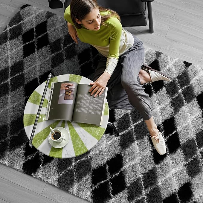 Zentavio Area Rugs for Living Room Rugs for Bedroom 4x6 Carpet Fluffy Fuzzy Soft Shag Aesthetic Plush High Pile Gray Throw Rug for Nursery Kids Room Dorm Diomond Black