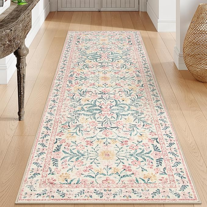 Morebes Boho Hallway Runner Rug 2x6,Floral Kitchen Runner Rugs Non Skid Washable,Super Soft Indoor Throw Carpet for Girls Bedroom Bedside Bathroom Laundry Room, Pink/Multi