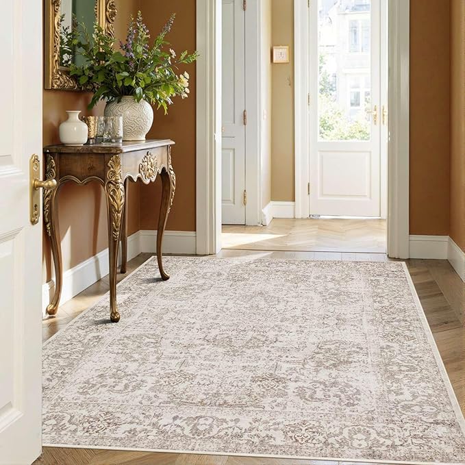 4x6 Washable Area Rug for Living Room, Vintage Neutral Boho Rugs for Office, Dining Room, Kids Room, Farmhouse, Durable Low Pile Non Slip Carpet for High Traffic Areas, Light Bown