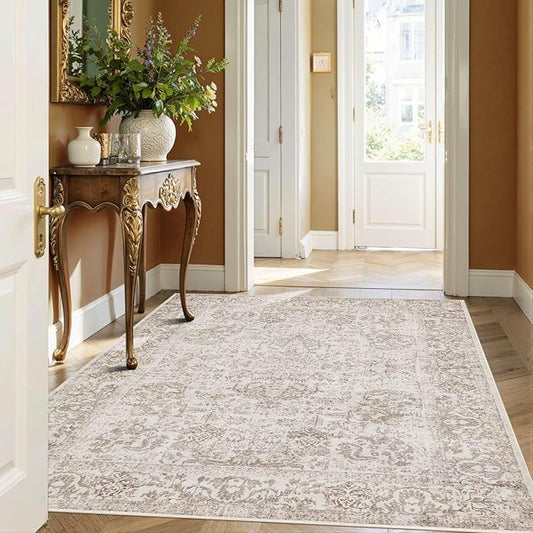 4x6 Washable Area Rug for Living Room, Vintage Neutral Boho Rugs for Office, Dining Room, Kids Room, Farmhouse, Durable Low Pile Non Slip Carpet for High Traffic Areas, Light Bown