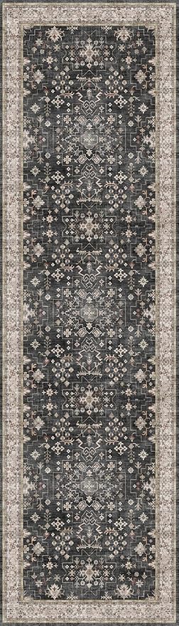 Black 2x7 Long Runner Rugs for Entryway, Throw Runners for Kitchen Hallway, Boho Vintage Floral Decor & Non-Slip Low-Pile Washable Stain Resistant Ashen Charcoal Rug