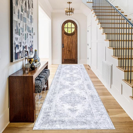 Runner Rug 2x6 Vintage Rug, Machine Washable Kitchen Runner Retro Medallion Distressed Rug Non-Slip Soft Low Pile Hallway Rug for Entryway Bedroom Bathroom Laundry(LightGrey,2'x6')