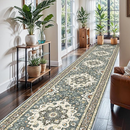 Washable Oriental Hallway Runner Rug - 3x16 Rugs for Living Room Soft Carpet for Bedroom Kitchen Waterproof Floral Distressed Indoor Stain Resistant Non-Shedding Floor Carpets (Blue, 3X16)