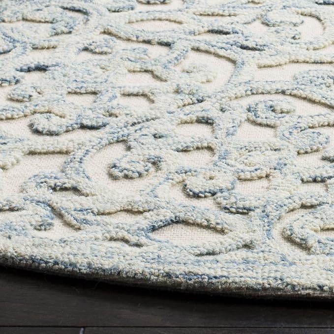 SAFAVIEH Trace Collection Area Rug - 6' Round, Blue & Ivory, Handmade Wool, Ideal for High Traffic Areas in Living Room, Bedroom (TRC103B)