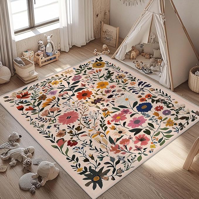4x6 Rug Boho Floral Area Rug Bedroom Ultra-Thin Soft Low Pile Large Carpet Living Room Non Slip Dining Room Office Stain Resistant Washable Machine