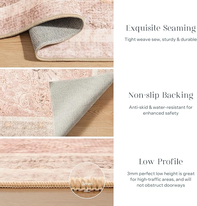 Phantoscope Hallway Runner Rug 2'x10'- Long Rug Runner Boho Washable Non-Slip Carpet for Kitchen Entryway Laundry Bedroom, Ultra-Thin Runners Vintage Distressed Accent Rug, Soft Pink/Beige