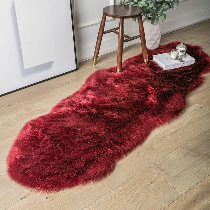 Ashler faux fur rug, Fluffy Shaggy Area Rug Ultra Soft 2 x 6 Feet Sheepskin Fur Rug, Deep Red Fuzzy Rug Machine Washable Shag Rug, Nursery Decor Throw Rugs for Bedroom, kids room, Living Room