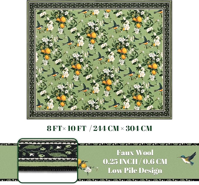 ASPMIZ Vintage Floral Area Rug 8x10 Sage Green Large Rugs for Living Room Washable Lemon Hummingbird Throw Rugs Non Slip Foldable Soft Low Pile Floor Carpet for Bedroom Kitchen Dining Room Nursery