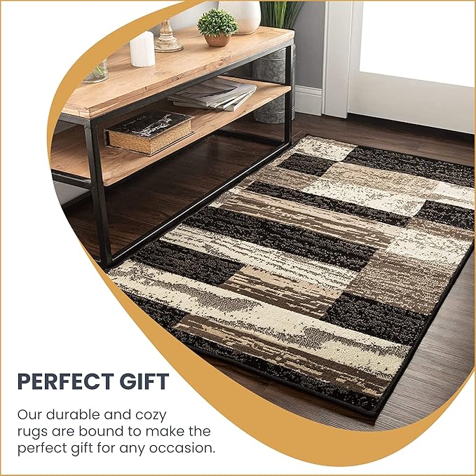 SUPERIOR Indoor Runner Area Rug with Jute Backing for Kitchen, Bedroom, Dorm, Living Room, Hallway, Entryway, Perfect for Hardwood Floors - Rockwood Modern Geometric Design, 2'6" X 10', Chocolate