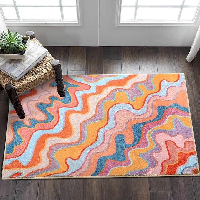 Vintage Abstract Small Area Rug 2x3 Hippie Aesthetic Groovy Striped Cute Bathroom Rug Non-Slip Colorful Orange and Blush Washable Throw Rug for Kitchen Entryway Indoor Doormat