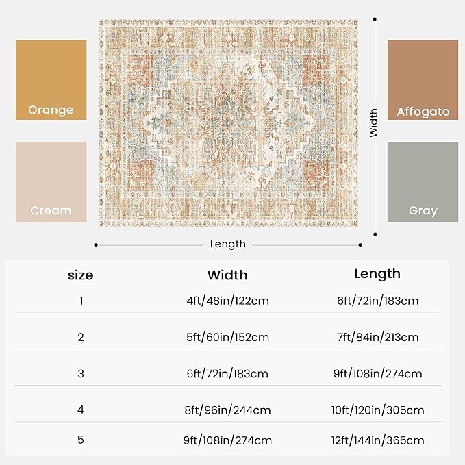 Kokia Washable Area Rugs 5x7 Living Room Boho Non Slip Thin Carpet Stain Resistant Vintage Orange Printed Oriental Distressed Rug for Bedroom Low Pile