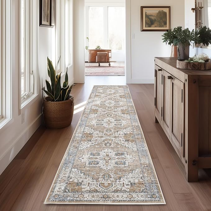 jinchan Tribal Runner Rug 2x8 for Hallway - Kitchen Machine Washable Vintage Floral Non-Slip with Rubber Backing Ultra-Thin Low-Pile Carpet Runner for Entryway Bedroom Laundry Room (2x8ft,Orange)