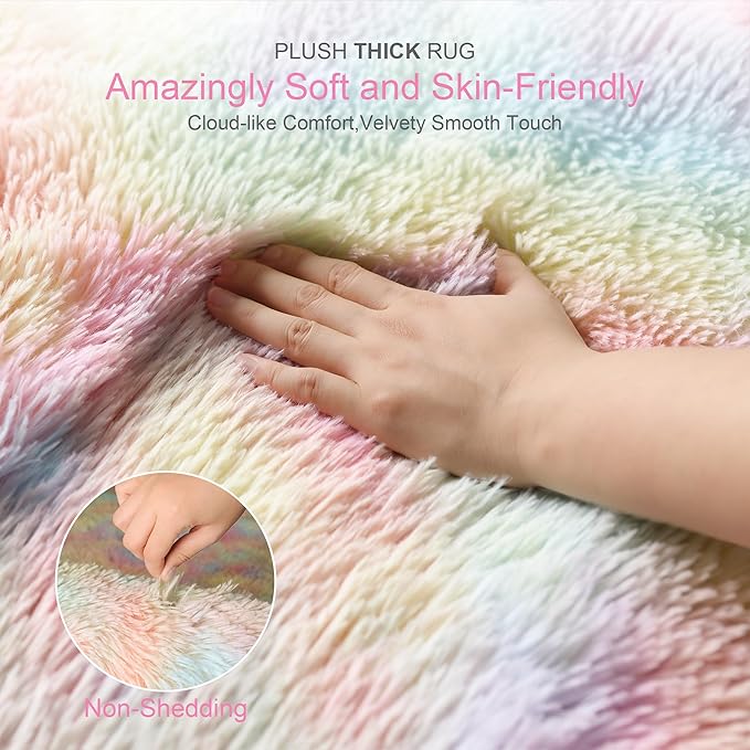 Thick Area Rug 5x8 Unicorn Fluffy Shag for Girls Bedroom, Rainbow Soft Fuzzy Furry Shaggy Pastel Rug for Living Room,Thickened Washable Non Slip Princess Kids Nursery Boys Dorm Room Carpets