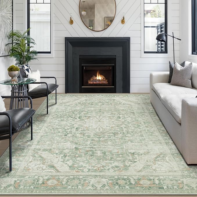 Washable Rugs 8x10 Area Rugs, Soft Vintage Living Room Rug with Anti-Skid Backing Stain Resistant Thin Indoor Carpet Large Area Rug for Bedroom Under Dining Room Table Nursery Entryway-Green
